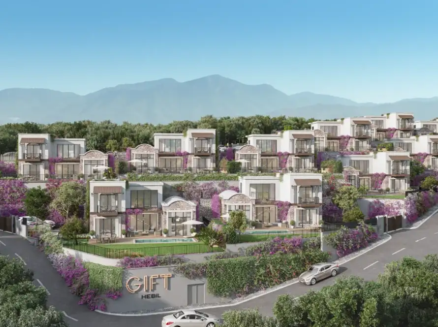 Bodrum Hebil Koyu'nda doğayla iç içe lüks mimariye sahip Gift Hebil satılık villa projesinin dış cephe görünümü.